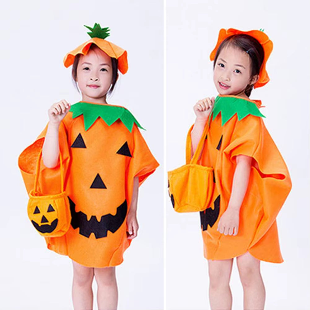 Halloween Pumpkin Costume Kids Halloween Party Cosplay Clothes Cape Hat Candy Bag Children Photo Prop Performance Clothes