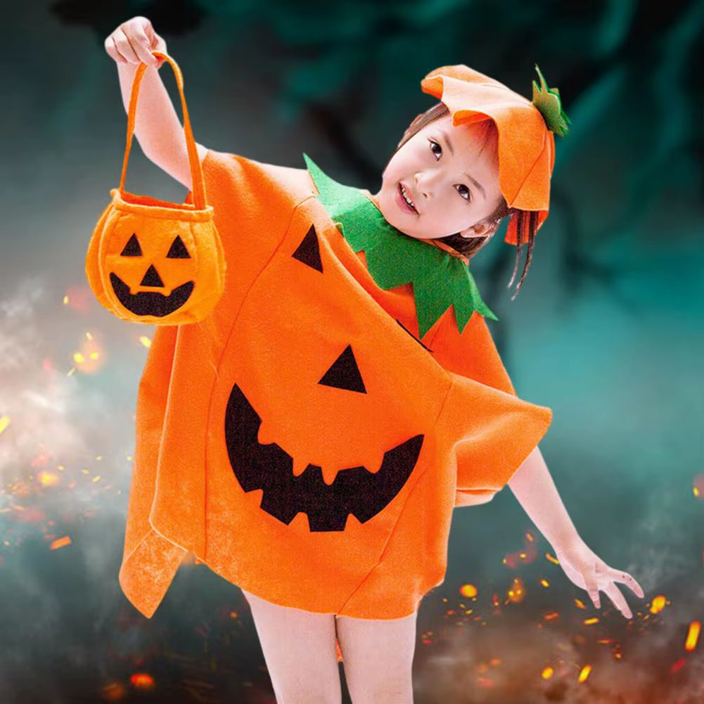 Halloween Pumpkin Costume Kids Halloween Party Cosplay Clothes Cape Hat Candy Bag Children Photo Prop Performance Clothes