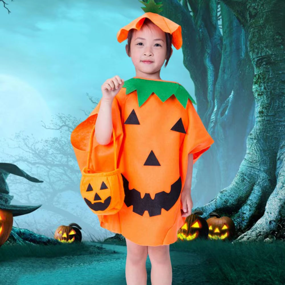 Halloween Pumpkin Costume Kids Halloween Party Cosplay Clothes Cape Hat Candy Bag Children Photo Prop Performance Clothes