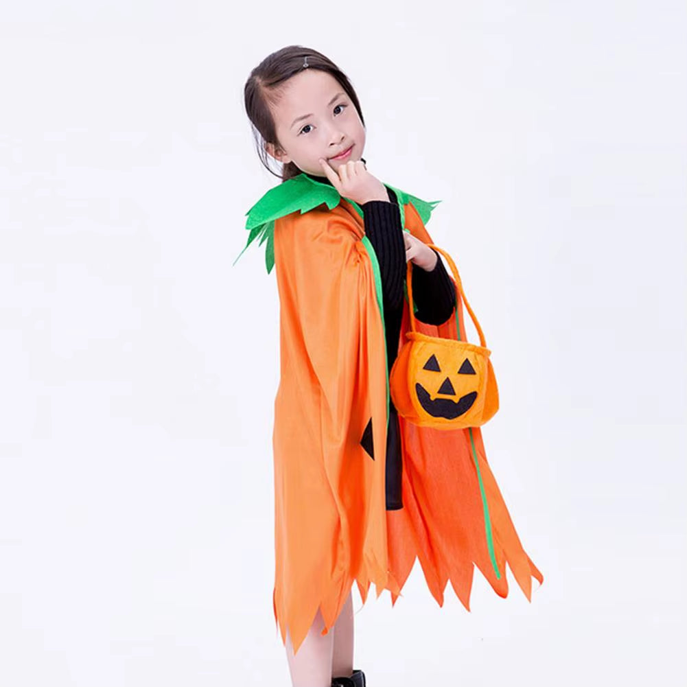 Halloween Pumpkin Costume Kids Halloween Party Cosplay Clothes Cape Hat Candy Bag Children Photo Prop Performance Clothes